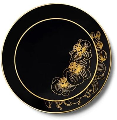 Decor Decorline - 32 Piatti Eleganti in Plastica Rigida Riutilizzabili per 16 persone - Collezione Orchid - Nero/Oro - Piatti per la cena e il dessert - 2 misure (16x26cm, 16x19cm)