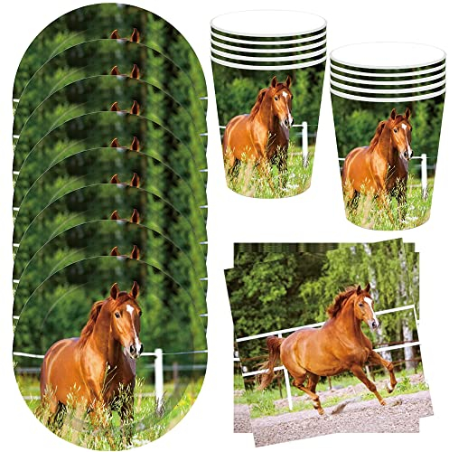 HGSHUO Vaisselle Chevaux Anniversaire Décorations Cheval Party Vaisselle de Fête d'anniversaire Assiettes Gobelets Serviettes Animaux