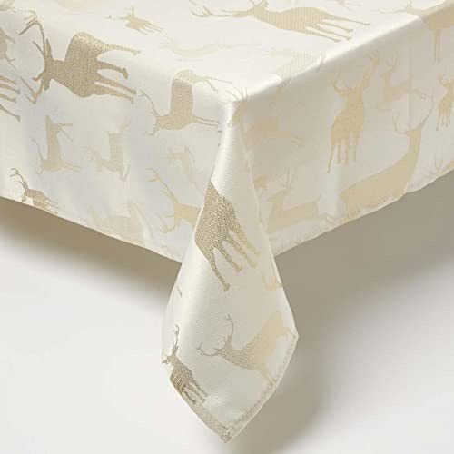 HOMESCAPES Christmas Tablecloth, Rectangular Cotton Xmas Table Cloth, Handcrafted & Durable Festive Dining Table Cover with Hem Stitch, Hypoallergenic, Washable, Sparkling Gold Stag -137x274cm