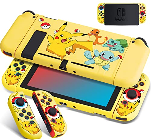 Xcitifun Entworfen für Nintendo Switch Joy-Con TPU-Hüllen für Mädchen, Jungen, Kinder, niedliche Kawaii-Charakter-Schutzhülle, kompatibel mit Nintendo Switch Controller, Tragetasche – Gelb Poke