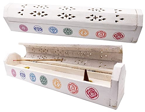 Quemador Incienso (incensario) Caja de Madera Decorada a Mano en India - Exclusivo diseño de Chakras (Blanco). 30.5x6.2x5.5 cm - Peso 240 g. Porta Incienso Madera.