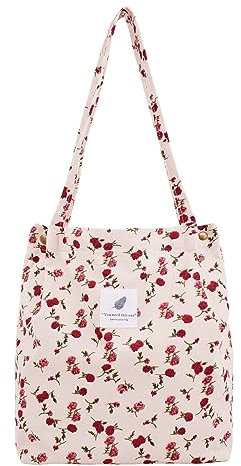 Damen Große Handtasche Kord Shopper Cord Tote Bag für Bücher Reisen Alltag Schule Arbeit Einkaufstasche für Mädchen 40x41cm (beige rosa, One size)