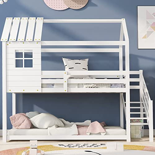 ZYLOYAL10 Etagenbett, Bett mit Ecktreppe, Hausbett, Kinderbett mit Fallschutz und Gitter, mit Fenster, Rahmen aus Kiefer (200x90cm) (weiß)