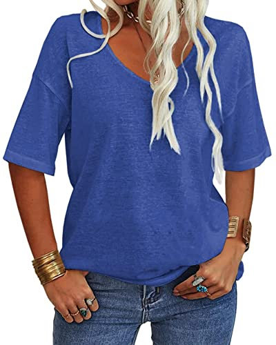 Tankaneo Camiseta de manga corta para mujer, cuello de pico, informal, suelta, básica, verano, media manga, túnica de gran tamaño, azul real, XL