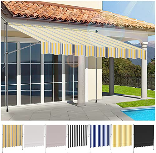 Ikodm Klemmmarkise mit Handkurbel 250cm Gelb Blau Balkonmarkise ohne Bohren, UV-beständig 50+ höhenverstellbar Sonnenschutz wasserabweisend, einfache Montage