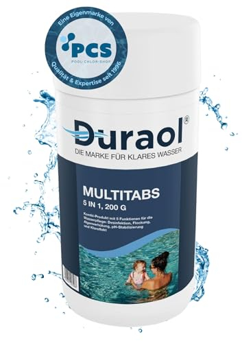 Duraol Chlor Multitabs 5 in 1 I 1 kg I Chlortabletten für Pool ab 20 m³ I 200g Multitabs Pool mit Klareffekt, Desinfektion, Flockung, Algenverhüter & pH-Stabilisierung I 5 Phasen Pool Tabletten