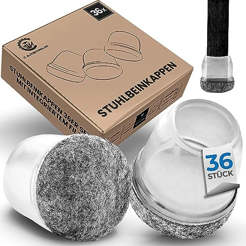 36 Stuhlbeinkappen transparent mit grauem Filz - Ideal auch für schräge Stuhlbeine - Langlebige Stuhlbeinschoner für Stühle [Rund] - Premium Filzgleiter für Stühle, Sofa, Tisch mit 14-20mm Durchmesser