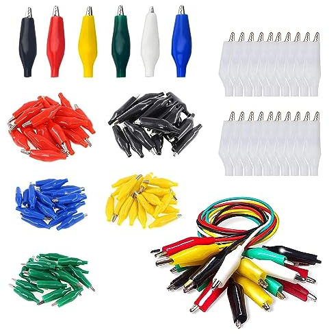HUAZIZ 120 Stück Krokodilklemmen, 45 mm, Elektrische Testklemmen mit Rot/Gelb/Blau/Grün/Weiß/Schwarz Schutzabdeckung + 10 Stück Krokoklemmen mit kabel für Multimeter Messleitungen