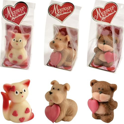 Günthart 12 Marzipan Tiere Katze, Bär und Hund mit Herz im Cellophan Beutel, passende Geschenkidee für die Liebsten zum Geburtstag und andere Anlässe