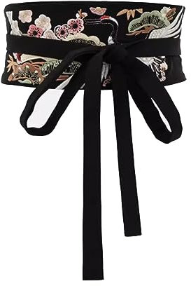 Inzegao Japanischer Obi-Gürtel für Damen, Kimono, Robe, Yukata, breiter Blumen-Wickel-Bund, Gürtel, Schwarz Stil A, Einheitsgröße