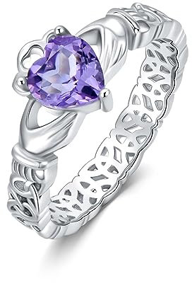 BETHZA Irischer Claddagh-Ring mit Amethyst, 925er Sterlingsilber, irischer Ehering für Frauen mit echtem herzförmigen Amethyst, irischer Ring, Schmuck, Geschenke für Frauen, Weihnachtsgeschenke,