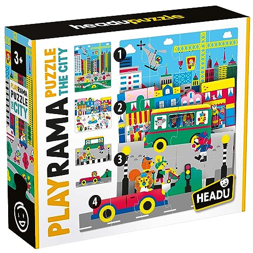 Headu Playrama Puzzle The City Überlappen Sie die Puzzles und erhalten Sie einen magischen Effekt, Mu55331 Lernpuzzle für Kinder ab 3 Jahren, hergestellt in Italien