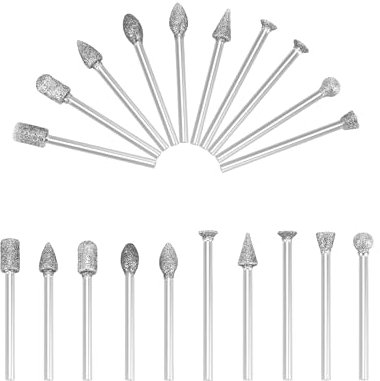 QWORK® 20 Piece Diamond Grinding Burr Bit Set, 60 Grit, 3mm Shank, for Drills and Rotary Tools, Ideal for Precision Sanding, Grinding, and Sculpturing on Ceramic, Glass, and Precious Stone