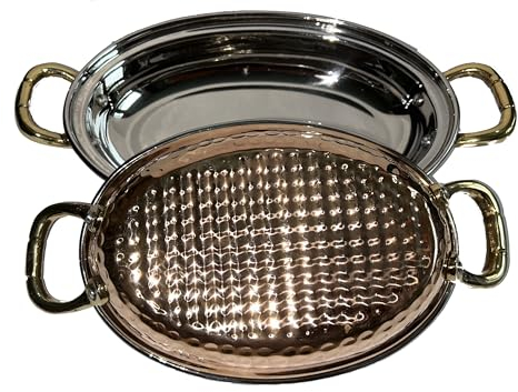 Copper Oval Dish & Handle Hammered KADAI Main Side Rice Dish Restaurant Indian Copper KADAI Handi KARAHI BALTI Veg Meat Serving Dish Gold Handle (7.25 Inch - Rice/Side Dish)
