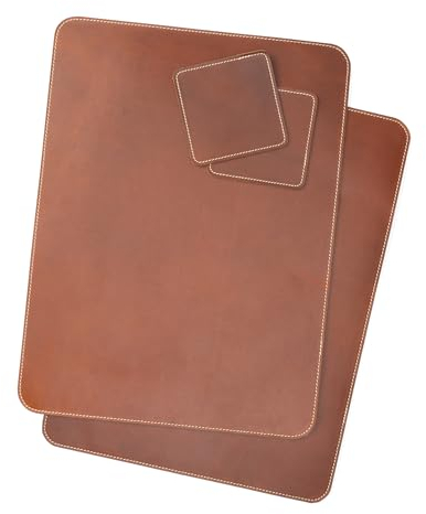 Angus Stoke Premium Echt-Leder-Tischset inkl. Untersetzer – Platzset aus hochwertigem Büffelleder mit Ziernaht abwischbar (2X Set Dunkelbraun)