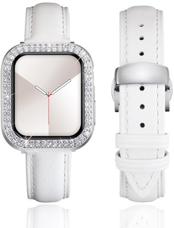 BINLUN Cinturino in Pelle Compatibile con Apple Watch 40mm 41mm 44mm 45mm Cinturino in Vera Cuoio con Custodia in Doppia Fila di Diamanti Compatibile con iWatch Serie 9/8/7/6/5/4 SE/SE2 per Donna