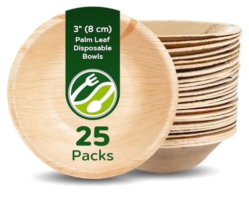 Eco Leaf 25 Disposable Palm Leaf Mini Round Bowls, 3 (9cm), 100ml (3oz) - Biodegradable Snack Bowls, Sauce Pots, Ketchup & Mayo Pots, Eco-Friendly, Microwave & Oven Safe for Parties