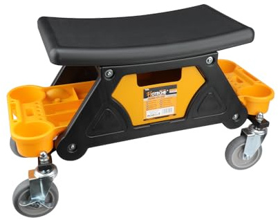 Hoteche Werkstatthocker | Kunststoff Autoreparaturhocker | Schwarzes PP-Design mit gelbem Werkzeugfach und Schublade | 650x250x380mm | 100KG Tragfähigkeit