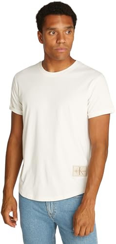 Calvin Klein Herren T-Shirt Kurzarm Badge Turn Up Sleeve Rundhalsausschnitt, Ivory (Elfenbein), XS