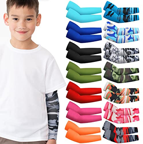 Mepase 14 paia di manicotti per bambini, protezione solare UV, copertura di compressione del braccio di raffreddamento per ragazzo ragazza bambino sport calcio, Colore romanzo, 8-10 Age