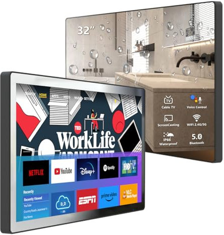 32inch High-end 2-in-1 Smart Bathroom Mirror TV - 4K Ultra HD, IP66 Waterproof, Android TV, Voice Remote Control, Built-in DVB-T/T2/C/S/S2 Tuner, HDMI (ARC), SPDIF, Upgrade Your Bathroom Hotel(Black)