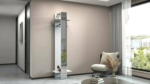 Dmora - Meuble d'entrée Violantino, Armoire multifonctionnelle, Cintre Mural avec Miroir, 50x35h190 cm, Blanc