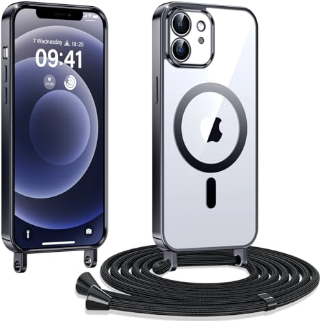 Kokio Coque pour iPhone 12/ iPhone 12 Pro avec Cordon, Etui à Transparente Housse Compatible avec MagSafe, Antichoc Protection Coque pour Magnétique avec Réglable Collier,Noir