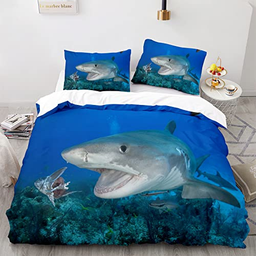 SJSXWQN Bettwäsche 135x200 Blauer Hai Bettwäsche-Set mit Reißverschluss Schließung für Kinder Mädchen Weicher Atmungsaktive Mikrofaser Bettbezug + 2 Kopfkissenbezug 80x80 cm