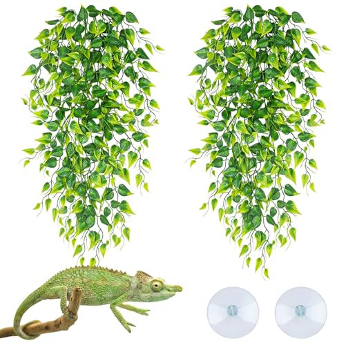 QUOZUO - Accessori per acquario per rettili, confezione da 2 pezzi, piante da appendere per rettili, foglie finte con ventosa, accessori per serbatoio di drago barbuto, per leopardo, geco, lucertola,
