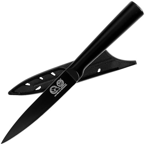 XYJ Stainless Steel Kitchen Knife, 5 Inch Japanese Utility Knife With Sheath, Full Black, Meat Cleaver, Vegetable Cutting Knife, Portable Outdoor Camping for Women Men