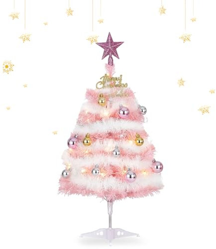 Mini albero di Natale rosa, 24 Albero di Natale artificiale da tavolo con luci e ornamenti appesi, piccolo albero di Natale da tavolo per la decorazione interna domestica