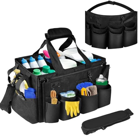 Boczif Cleaning Caddy Bag Wearable, Cleaning Caddy Supplies Organizer with Handle, Shoulder Straps & Detachable Divide, Cleaning Tool Organizers Tote Bag for Cleaners & Housekeepers (Black)