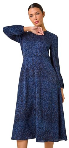 Roman Originals Geometric Print Midi Dress for Women UK - Ladies Everyday Autumn Winter Round Neckline Comfy Soft Evening Vacation Work Party Night Out - Royal Blue - Size 12
