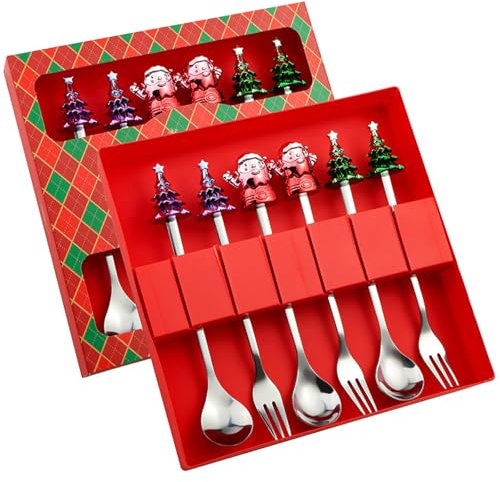 Posate Natalizie,Cucchiaini Natalizi,Set di 6 Cucchiai di Natale in Acciaio inox, Cucchiaini da Caffè Forchetta da dessert Regalo di Natale Posate con Confezione Regalo