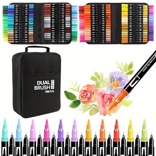 Ccfoud Brush Pen Lot de 168 feutres pinceaux double face Marqueurs aquarelle Feutres fins pour calligraphie