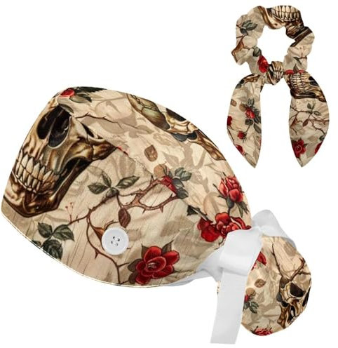 Arbeitskappe mit rotem Rosen-Totenkopf und Haargummi, mit Schweißband, Totenkopf mit roter Rose, Einheitsgröße