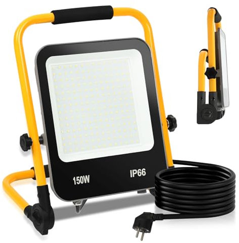 Fiqops LED Baustrahler 150W 12000LM, Baustrahler LED mit stativ und 3m Kabel,LED Arbeitsleuchte mit Stecker,IP66 Wasserdichter Arbeitsscheinwerfer für Garage Werkstatt Baustelle,Kaltweiß