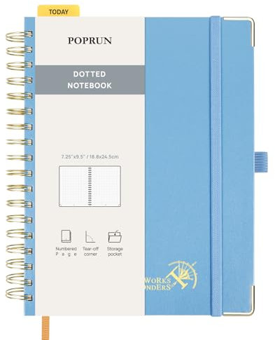 POPRUN Notizbuch B5 Gepunktetes, Bullet Dotted Journal, Spiral-Notizbücher 120 GSM Papier, 220 nummerierte Seiten, Hardcover mit Kleberegisterkarten und 8 Abreißblättern - HB(Dunstblau)