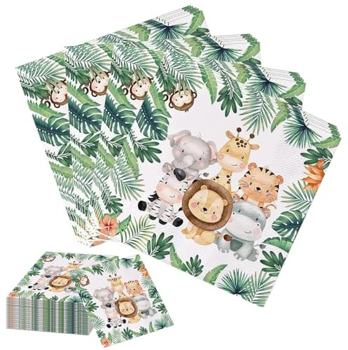 Pixaro 40 Blätter Servietten Kindergeburtstag - Waldtiere Deko 33x33cm, Grün, Papier