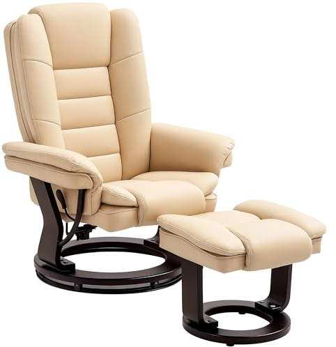 HOMCOM Recliner Chair w/Footstool 135° Recliner Armchair PU Leather Beige | Up to 130kg Weight Capacity, Ergonomic Couch Bed, Swivel Wood Base, Living Room