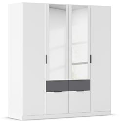 Rauch Möbel Glasgow Drehtürenschrank, Kleiderschrank, Schrank, Garderobe 4-türig, 2 Spiegeltüren, 4 Schubladen, Farbe Weiß/Weiß/Grau metallic, Griffprofil Grau metallic, 181x197x54cm