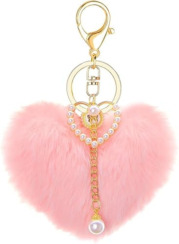 Niltracy Porte-clés en peluche en forme de cœur avec pompons en fausse fourrure, accessoires mignons pour sacs à dos, sac à main, clé de voiture, rose, taille unique