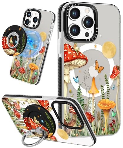 Kokaade for iPhone 14 Pro Case for Women Girls - Compatible with Magsafe for 360° Rotatable Magnetic Ring Holder Stand Cute Girly Mushroom Butterfly Design TPU for iPhone 14 Pro Phone Case