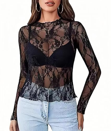 ROSVAJFY Haut transparent avec dentelle à manches longues avec dentelle en maille