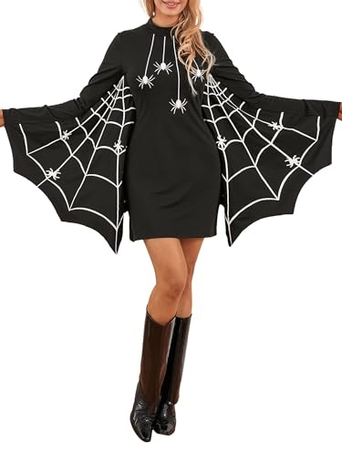 Anuedgis Halloween-Spinnenkostüm für Damen, Gothic-Spinnennetz-Druck, langärmelig, figurbetontes Minikleid, lustiges Karneval, Cosplay, Poncho-Kostüm (A-Schwarz, L)