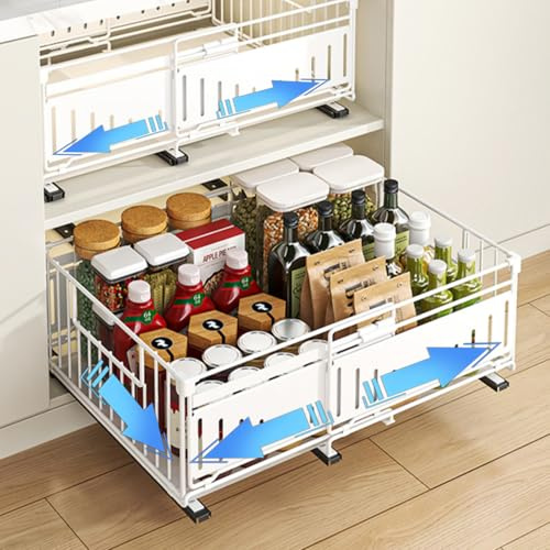 2 Stück Ausziehbare Teleskopschublade Küchen Organizer, 32,5-50 cm Breite | Ausziehbare Schublade Küche aus Metall für Küchenschrank Organizer, Spülschrank Organizer zum Kleben oder Schrauben, Weiß