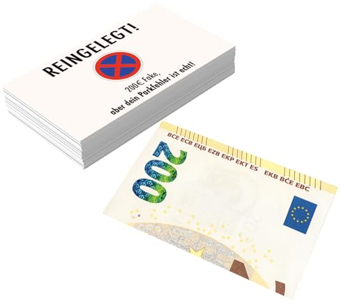Falkenhorn Lustige 200 € Euro Parkkarten 50er-Pack – Humorvolle Fake Strafzettel für Falschparker – Witzige Spaßartikel & Geschenkidee für Autofahrer, wetterfest, Made in Germany, Auto Gag Karten