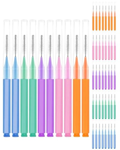 CULEB 50 Pezzi Scovolini Interdentali,Scovolino per Pulizia Denti con Coperchio per Apparecchi Dentali,Scovolino Denti Morbido per Pulizia Interdentale,L'Igiene Orale(5 Colori)