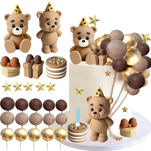 Tyotrbs Bear Cake Decoration Beige Brown Balls Cake Topper Boho Bears Cake Decoration Baby Shower Birthday Cake Decorations