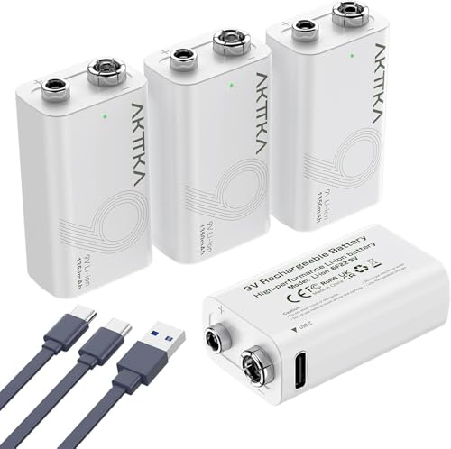 AKTTKA Lot de 4 Piles Lithium Rechargeables 1350mAh 9V | Câble de charge USB-C fourni, adapté aux multimètres portables, détecteurs de métaux, testeurs de câbles
